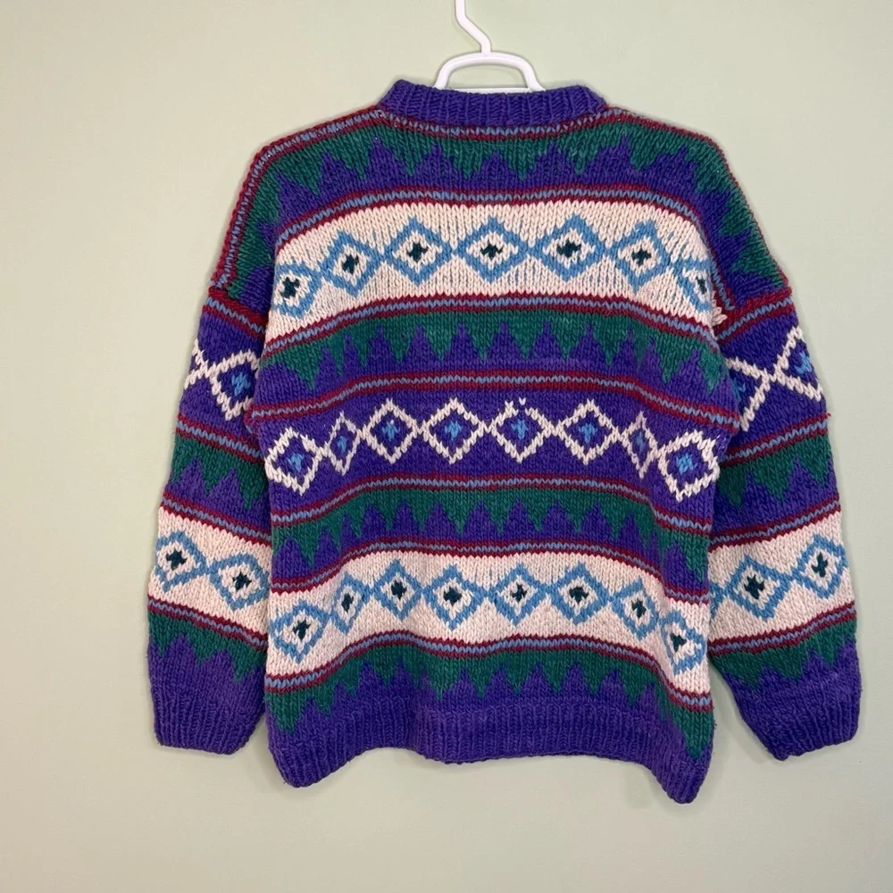 Vintage Fair Isle Chunky Knit Sweater Purple Geometric Ski handmade unisex L- XL - Picture 4 of 8